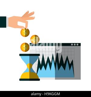 sandclok and hand with gold coins over white background. invest money and business concept. colorful design. vector illustration Stock Vector