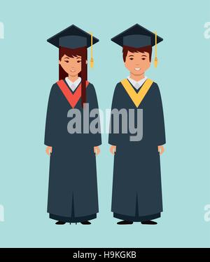 cartoon man and woman wearing a cap and gown of graduation over blue background. colorful design. vector illustration Stock Vector