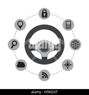 steering wheel with navigation and techonology icons around over white background. vector illustration Stock Vector