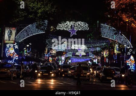 Calcutta, India - December 21, 2015: Street was decorated by LED light during Christmas. Stock Photo