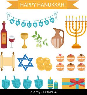 Hanukkah set of cartoon icons.   with Menorah, Torah, Sufganiyot, Olives and Dreidel. Happy  Festival  Lights, flat , design elements. Vector illustration Stock Vector