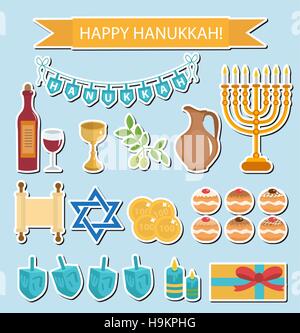 Hanukkah sticker pack.  Icons with Menorah, Torah, Sufganiyot, Olives and Dreidel. Happy  Festival of Lights, Feast  Dedication flat , stickers. Vector illustration Stock Vector