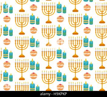 Hanukkah seamless pattern.  background with Menorah, Sufganiyot, candles. Happy  Festival of Lights, Feast  Dedication  texture. Vector illustration Stock Vector
