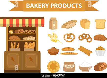 Bakery products icon set, flat style. of different bread and pastry ...