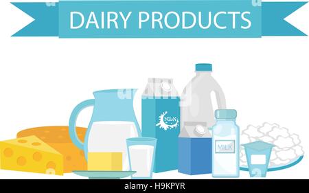 Milk products still-life. Flat style. Dairy  isolated on white background.  and cheese. Farm . Vector illustration Stock Vector