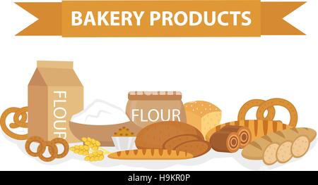 Bakery products still-life, flat style. Set of different bread banner. Vector illustration Stock Vector