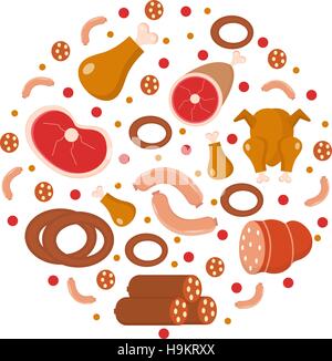 Meat and sausages icon set in round shape, flat, cartoon style. isolated on a white background. products, food. Vector illustration Stock Vector