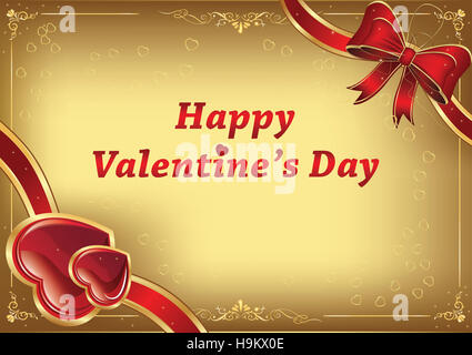 Happy Valentine's Day background with hearts and ribbon. Print colors used; custom size of a print card. Stock Photo