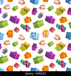A lot of bright colorful gift boxes on white background, many presents seamless pattern. Stock Vector