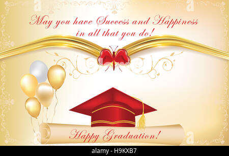 Graduation background, also for print. Contains Graduation cap, diploma, balloons and decorative elements. Print colors used; Stock Photo