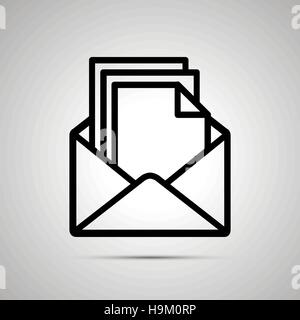 Simple black icon of open envelope with pile documents inside on light background Stock Vector