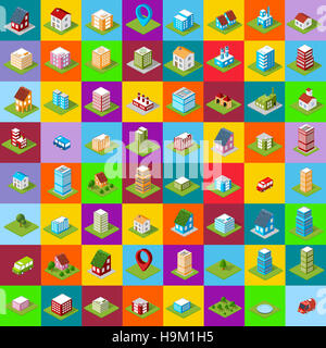 Large set of icons isometric house, city symbols and icons. City icons. Stock Photo