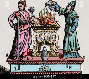 Archimedes (Syracuse-Syracuse-287, -212). Greek mathematician, physicist, engineer, inventor, and astronomer. Archimedes and his experiments. Engraving. Colored. Stock Photo
