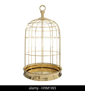 3D rendering of  a golden bird cage on white background, freedom concept Stock Photo