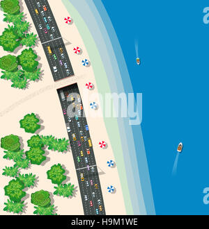 High-speed highway with cars buses and trucks. Top view urban road transport. Stock Photo