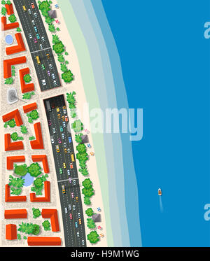 High-speed highway with cars buses and trucks. Top view urban road transport. Stock Photo