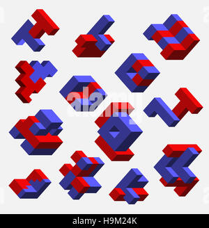 Isometric abstract geometric design elements with colored parts on a white background Stock Photo