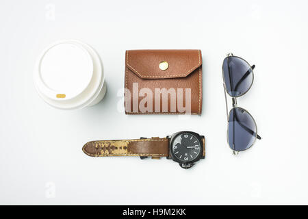 wallet with Watch and coffee cup, flat lay, top view background Stock Photo