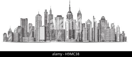 City. Architectural modern buildings in panoramic view. Sketch vector illustration Stock Vector