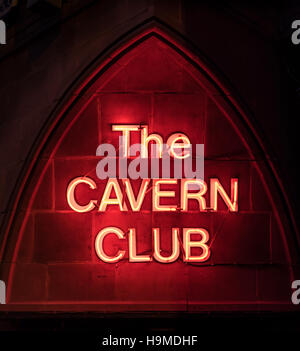 Neon Cavern Club sign at 10 Mathew Street, The Cavern Quarter, Liverpool, Merseyside, England, UK, *EDITORIAL* Stock Photo