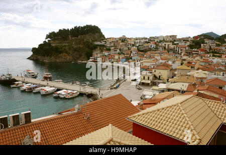 Parga, GREECE, May 09, 2013: View on the Greek coast with boats in bay of Parga town on the coast of Ionian Sea. Stock Photo