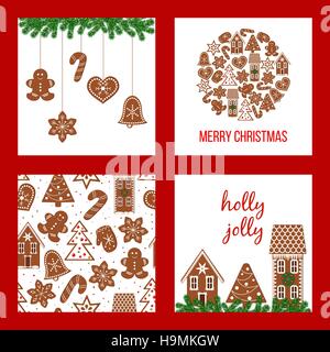 Cute Christmas set. Xmas theme in boarded squares with gingerbread man, house, star, and figures. Red background. Can be used as icons, wallpaper, wra Stock Vector