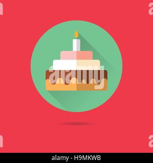 birthday cake with candle flat design long shadow vector icon Stock Vector