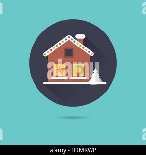 Small house with Christmas decoration at night flat design long shadow vector icon Stock Vector