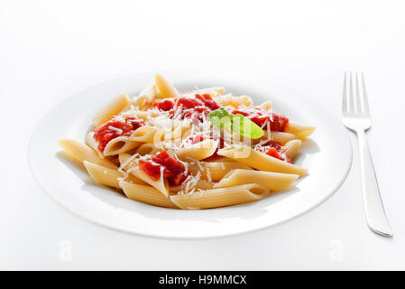 Plate of penne pasta with tomato sauce and parmesan cheese