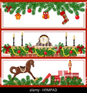 Christmas and New Year eve time set in stripes. Three horizontal stripes with garland, gift boxes, clock, candle. Christmas greetings postcard, banner Stock Vector