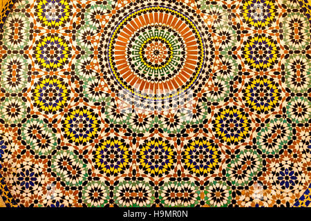 Tile Mosaic At A Public Water Fountain In The Medina, Fez el Bali, Fez, Morocco Stock Photo