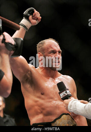 Randy Couture celebrates his victory over Tim Sylvia during Ultimate Fighting Championship UFC 68 at the Nationwide Arena in Columbus, OH on March 3, 2007. Photo credit: Francis Specker Stock Photo