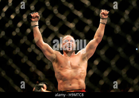 Randy Couture celebrates his victory over Tim Sylvia during  Ultimate Fighting Championship UFC 68 at the Nationwide Arena in Columbus, OH on March 3, 2007. Photo credit: Francis Specker Stock Photo
