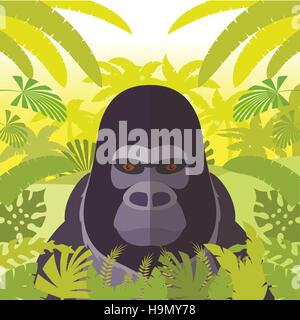 Flat Vector image of the Gorilla on the Jungle Background Stock Vector