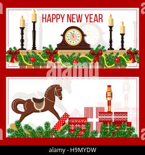 New Year eve and Christmas time set in stripes. Two horizontal stripes with garland, gift boxes, clock, candle. Christmas greetings postcard, banners, Stock Vector