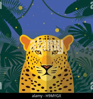 Flat Vector image of the Leopard on the Jungle Background Stock Vector