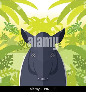 Flat Vector image of the Tapir on the Jungle Background Stock Vector