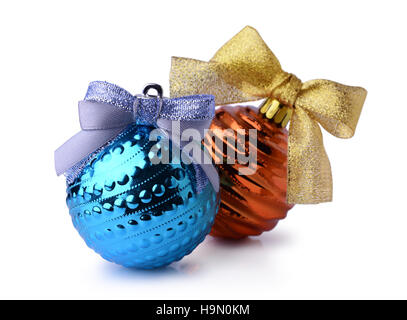 Blue and orange Christmas balls with ribbon bows isolated on white Stock Photo