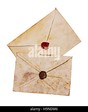 Two old envelopes with red and brown seal wax isolated on white Stock Photo