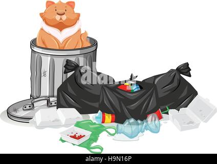 Cat sitting in trashcan illustration Stock Vector