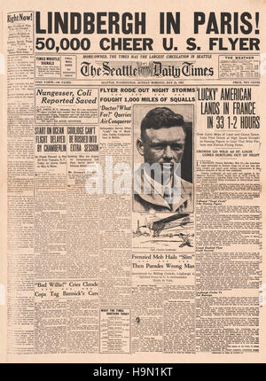 1927  Seattle Daily Times front page Charles Lindbergh flies the Atlantic Stock Photo