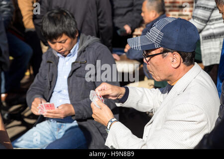 New York, United States of America - November 17, 2016: Two Chinese men playing cards in Columbus Park in Chinatown Stock Photo