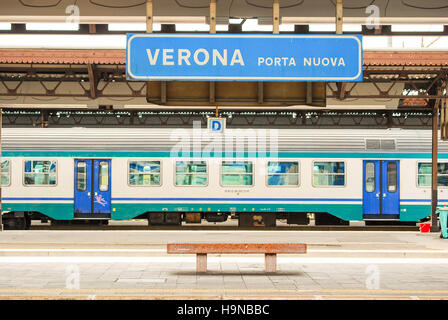 At Verona's Porta Nuova train station a train is ready for departure Stock Photo