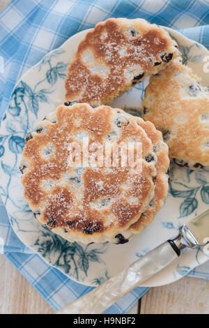 Welsh cakes a traditional griddle cake made with dried fruit top down view Stock Photo