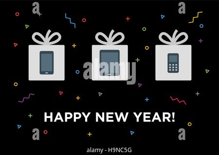 Happy New Gifts Christmas Card with Gadget in white gift box Stock Vector
