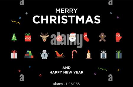 Christmas Greeting Card with lettering, icons and elements on black Stock Vector
