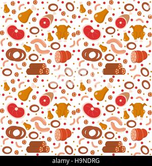 Meat products seamless pattern, flat style. Meats and sausage endless background, texture. Vector illustration Stock Vector