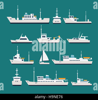 Ships flat set. Silhouettes of various boats and yachts Stock Photo