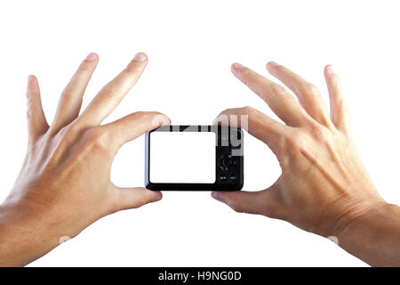 Photo camera in hand isolated on white background. Stock Photo