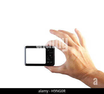 Photo camera in hand isolated on white background. Stock Photo